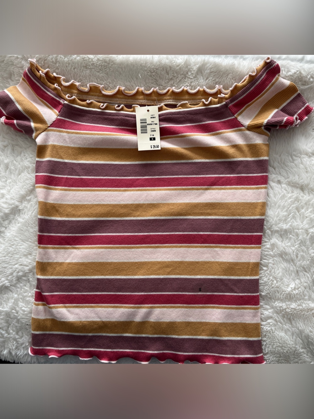 Aeropostale Striped Off-Shoulder Knit Top in Pink, Mustard & Cream